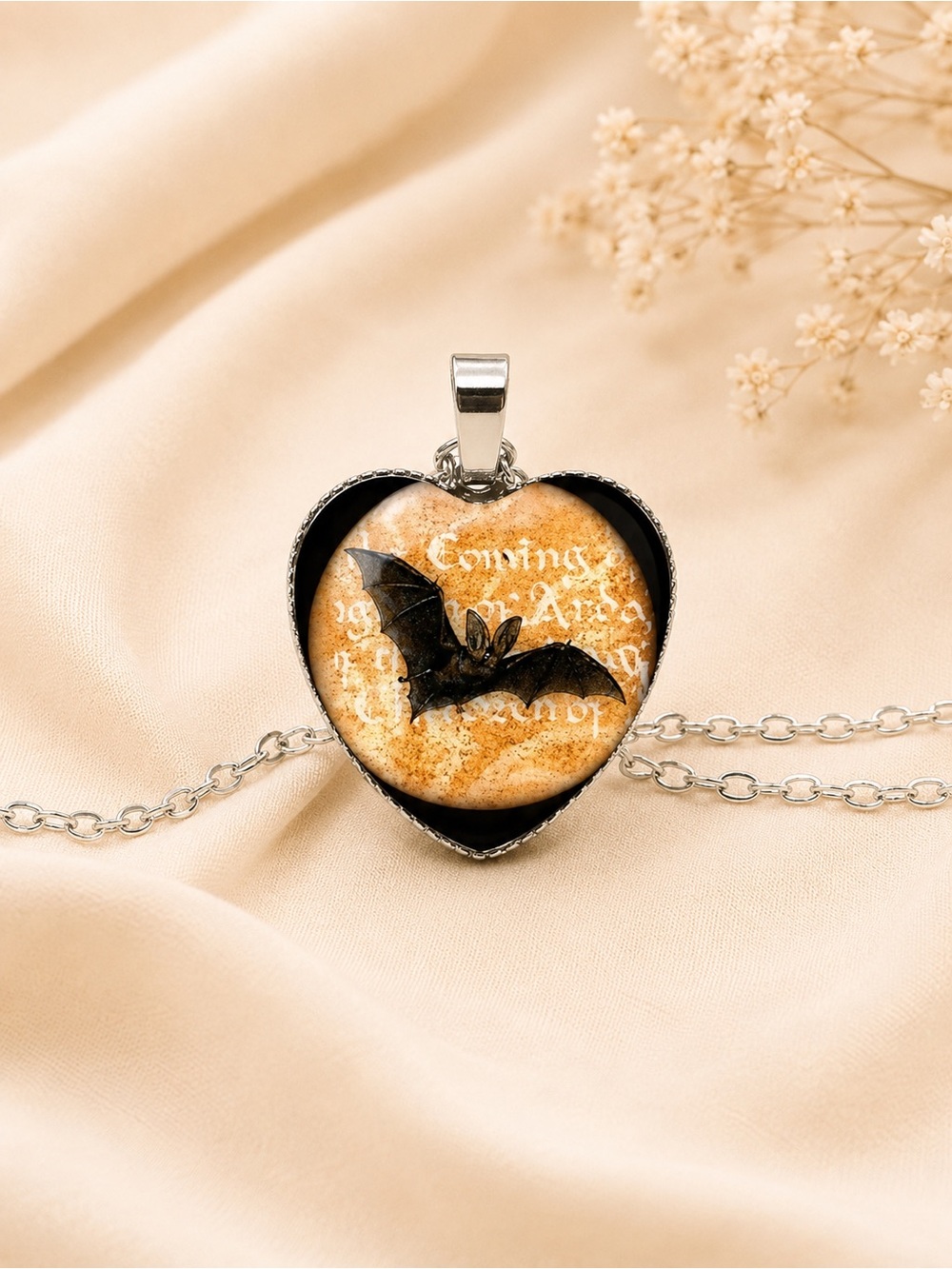 Orange Black Bat Heart Necklace Halloween Glass Dome Pendant 22” Gothic Necklace